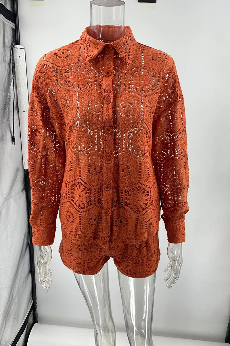 HUZ1253 Crochet Lace Shirt and Shorts Set