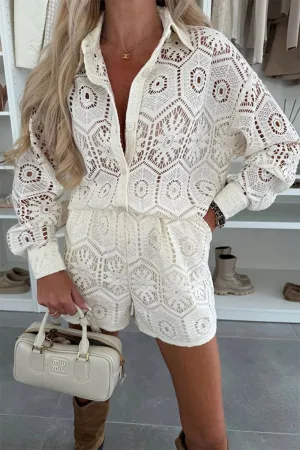 HUZ1253 Crochet Lace Shirt and Shorts Set