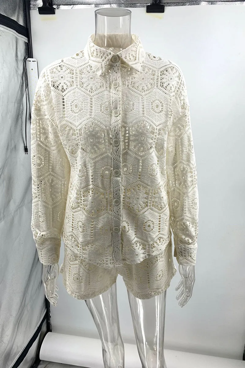 HUZ1253 Crochet Lace Shirt and Shorts Set
