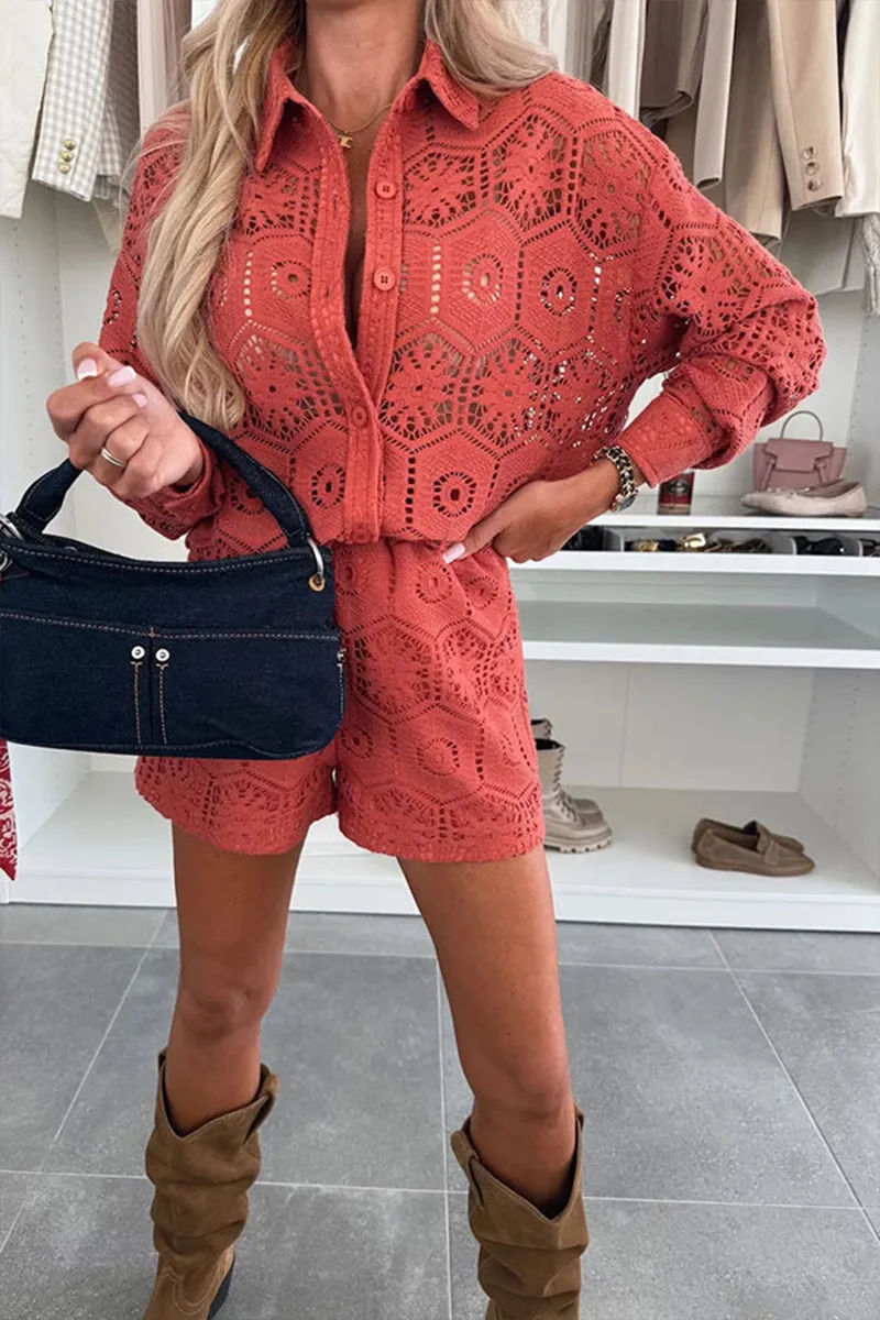 HUZ1253 Crochet Lace Shirt and Shorts Set