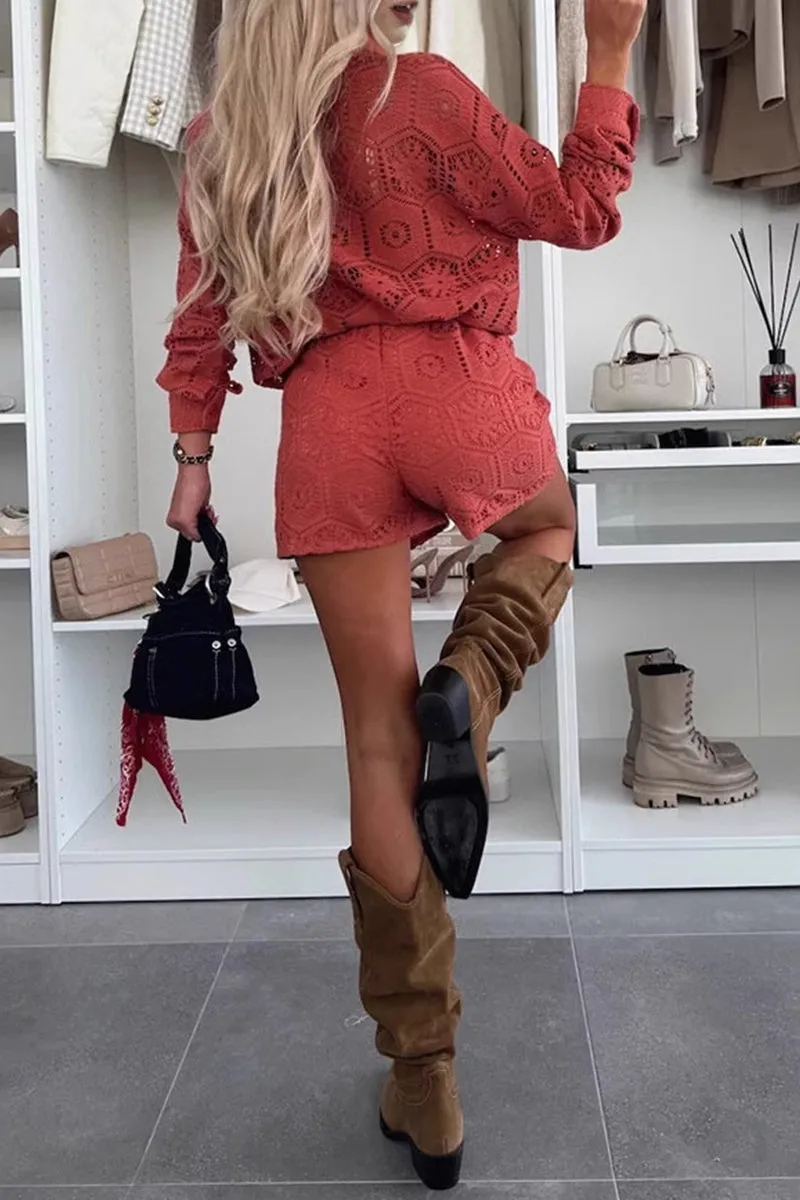 HUZ1253 Crochet Lace Shirt and Shorts Set