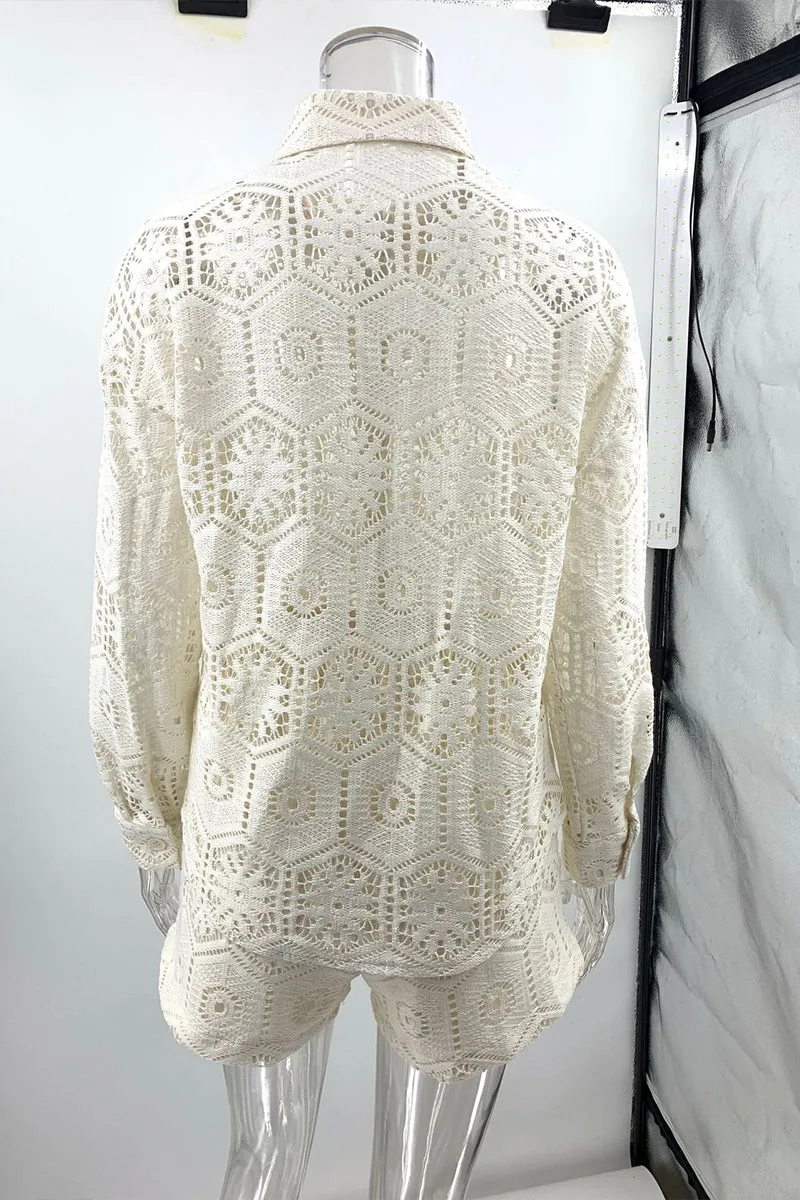 HUZ1253 Crochet Lace Shirt and Shorts Set