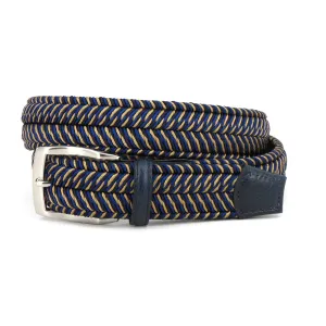 Italian Woven Herringbone Rayon Stretch Belt - Navy Blue & Khaki Tan