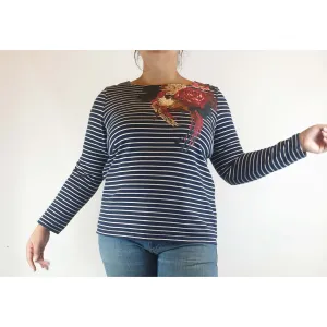 Joules Clothing pre-owned classic long sleeve striped top with rose detail size XL (best fits 14-16)
