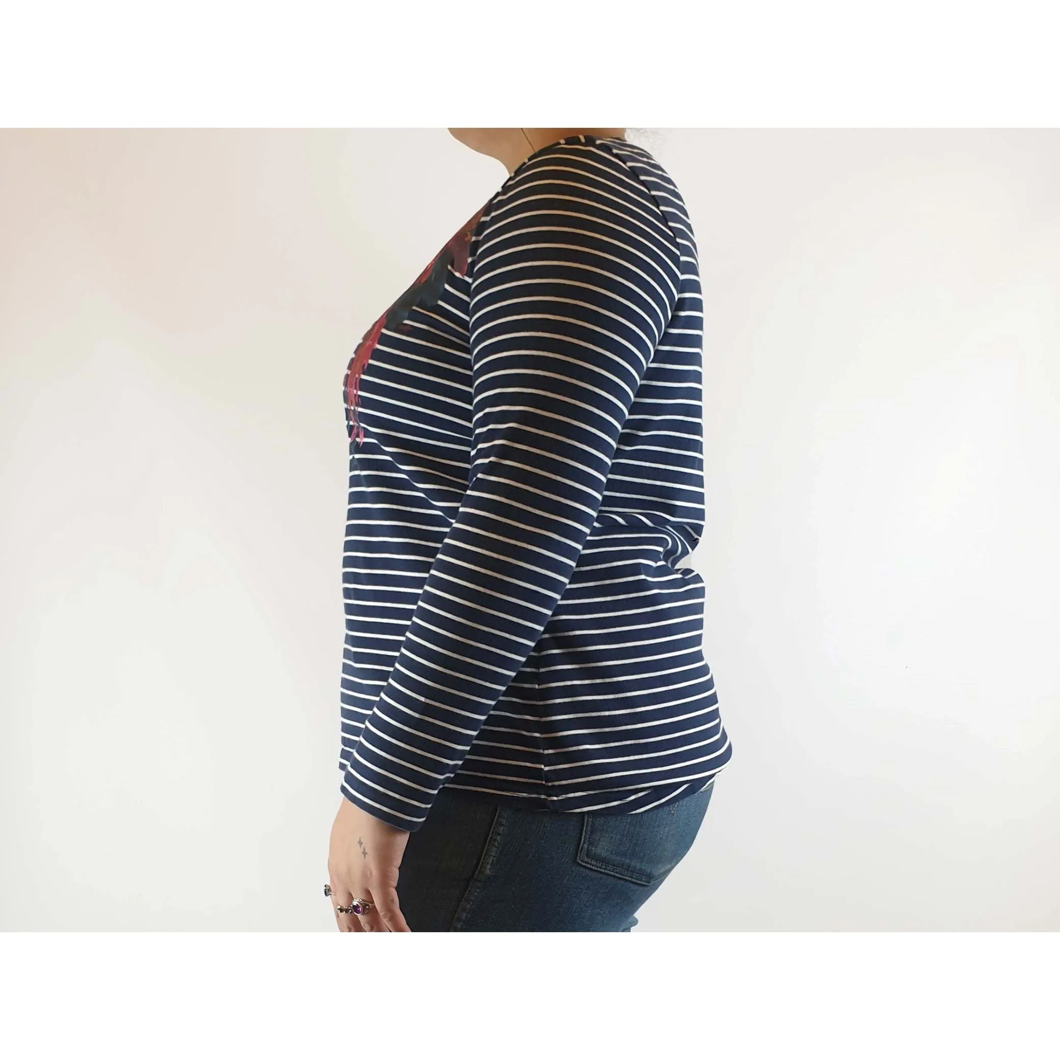 Joules Clothing pre-owned classic long sleeve striped top with rose detail size XL (best fits 14-16)
