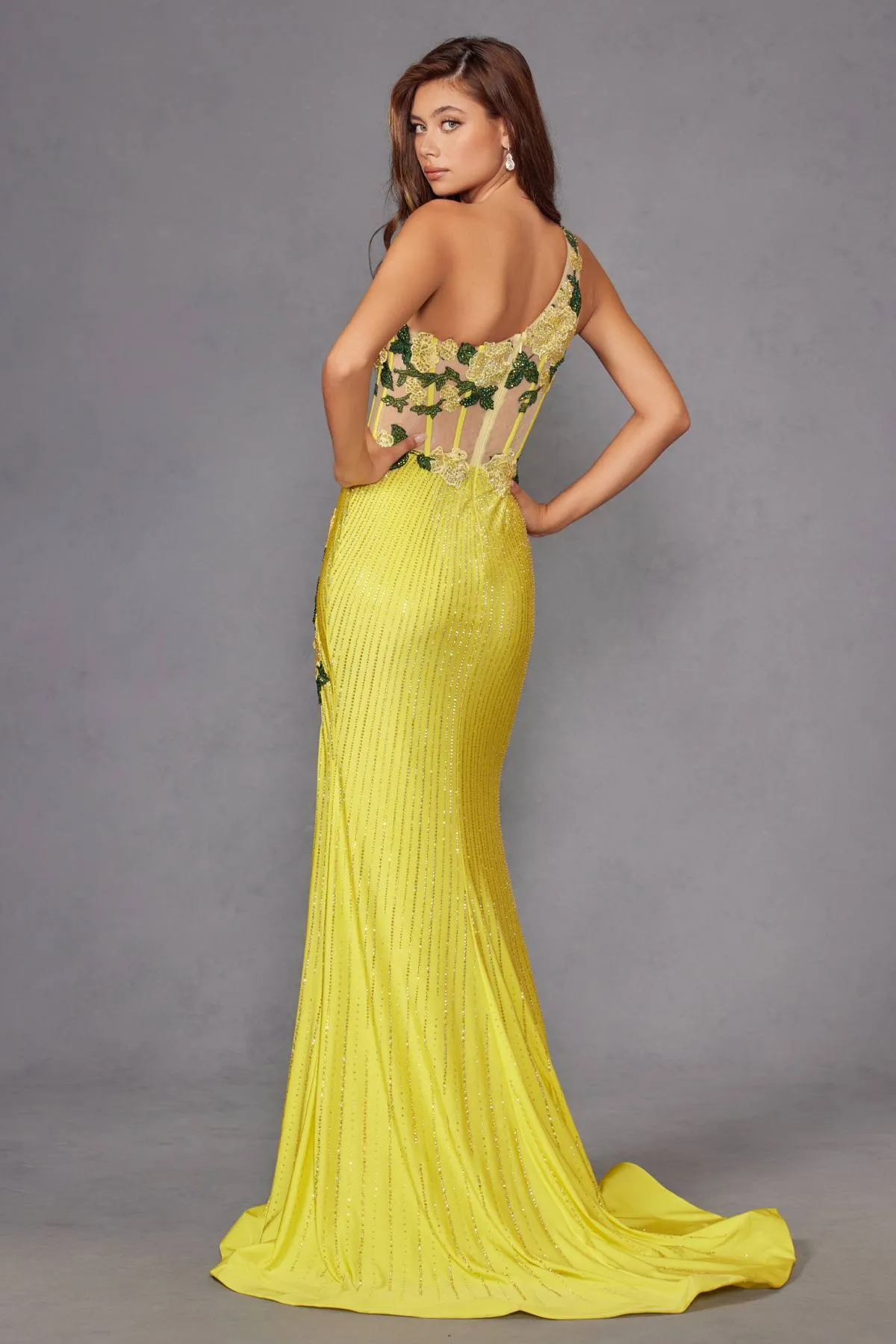 Juliet JT2514R One Shoulder Fitted Floral Applique Evening Gown