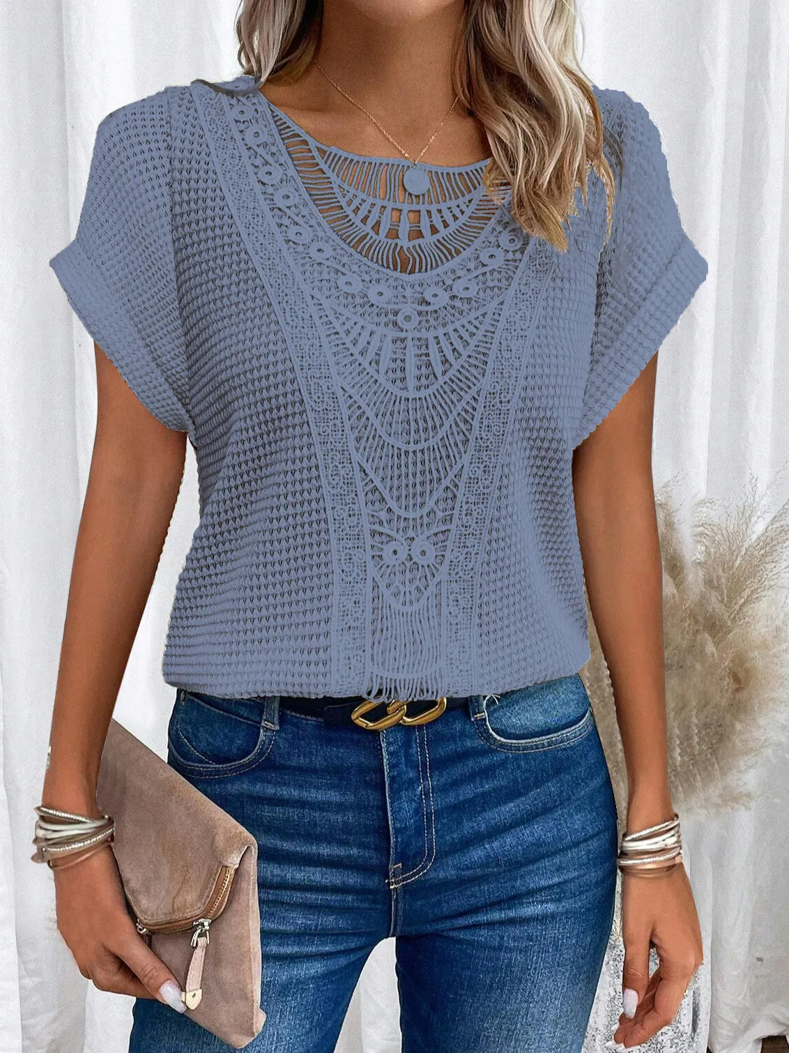 Lace Patchwork Short-sleeved T-shirt Women's Clothing - Women T-shirt with lace splice and round neckline