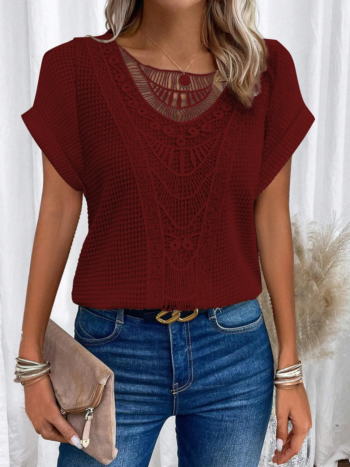 Lace Patchwork Short-sleeved T-shirt Women's Clothing - Women T-shirt with lace splice and round neckline