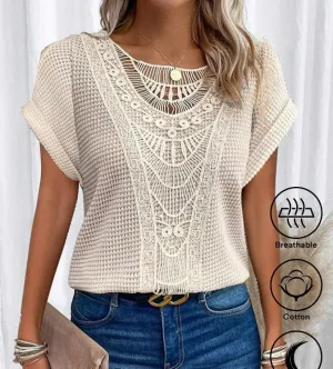 Lace Patchwork Short-sleeved T-shirt Women's Clothing - Women T-shirt with lace splice and round neckline