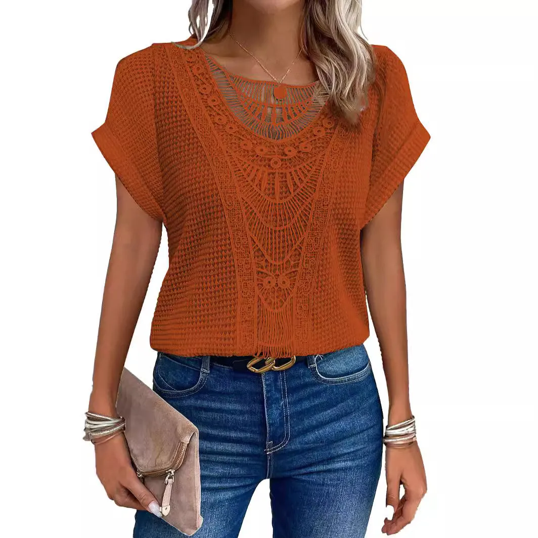 Lace Patchwork Short-sleeved T-shirt Women's Clothing - Women T-shirt with lace splice and round neckline