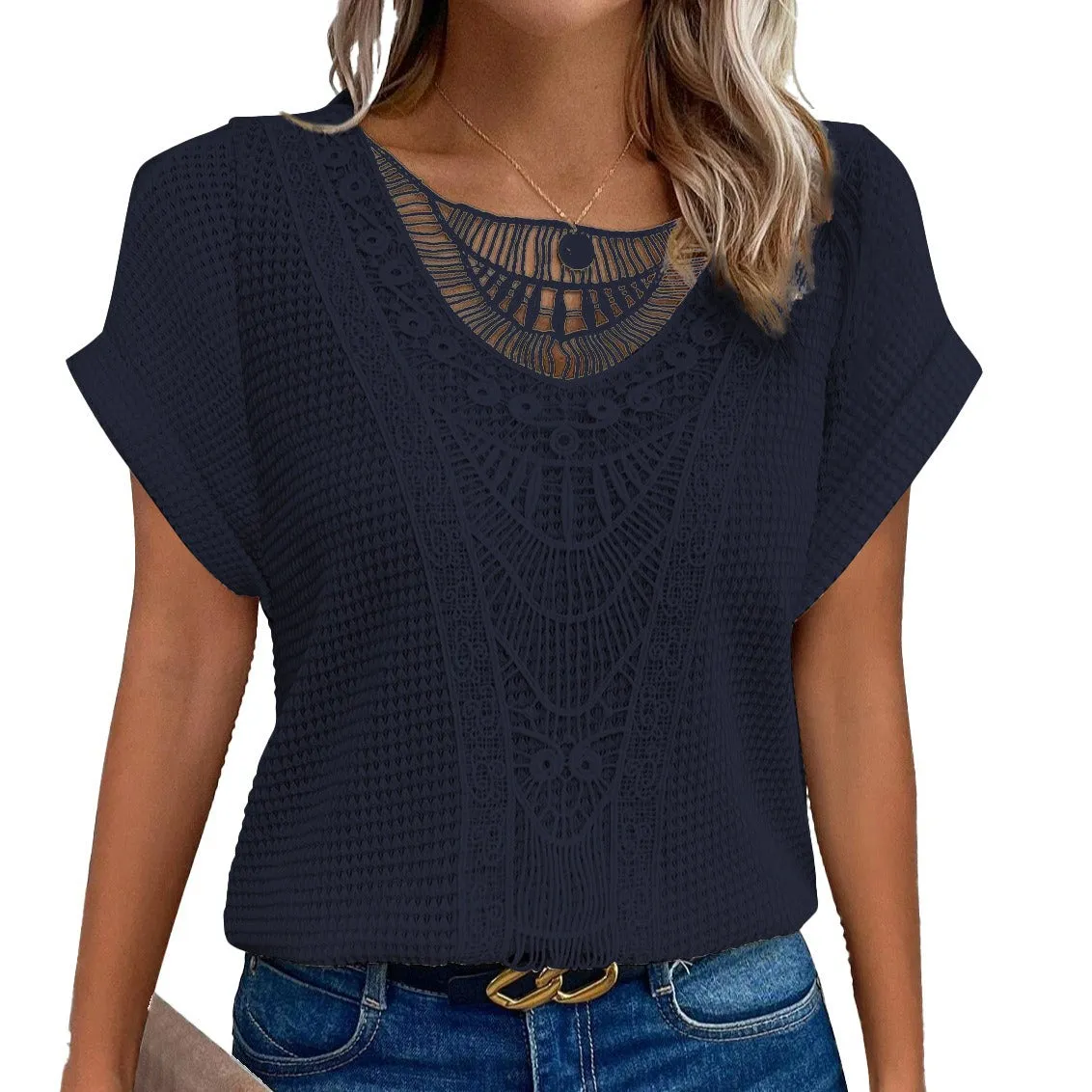 Lace Patchwork Short-sleeved T-shirt Women's Clothing - Women T-shirt with lace splice and round neckline