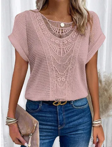 Lace Patchwork Short-sleeved T-shirt Women's Clothing - Women T-shirt with lace splice and round neckline