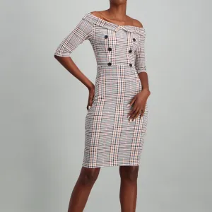 Ladies 3/4 Sleeve Button Detail Dress - Check