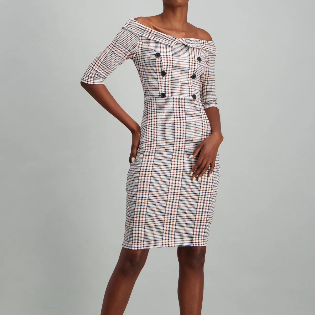 Ladies 3/4 Sleeve Button Detail Dress - Check
