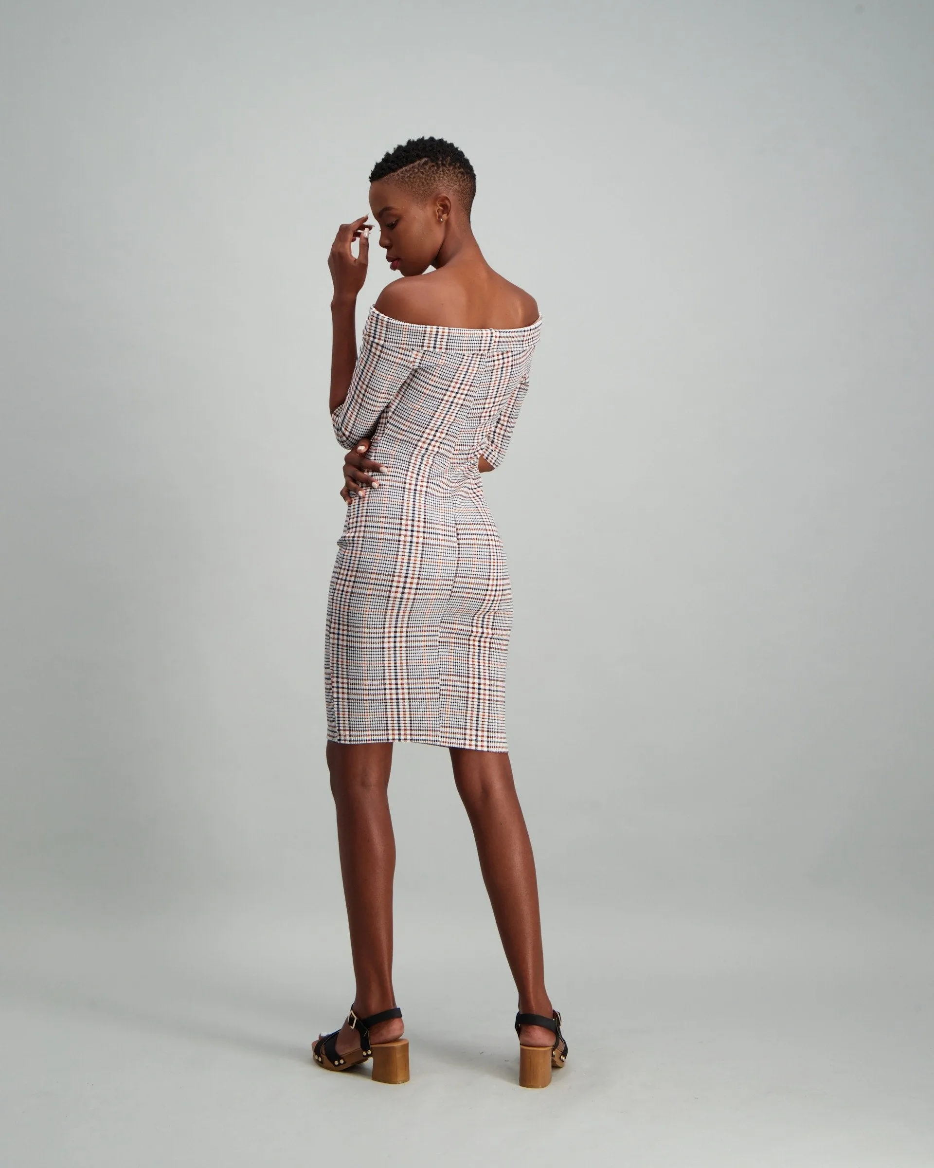 Ladies 3/4 Sleeve Button Detail Dress - Check