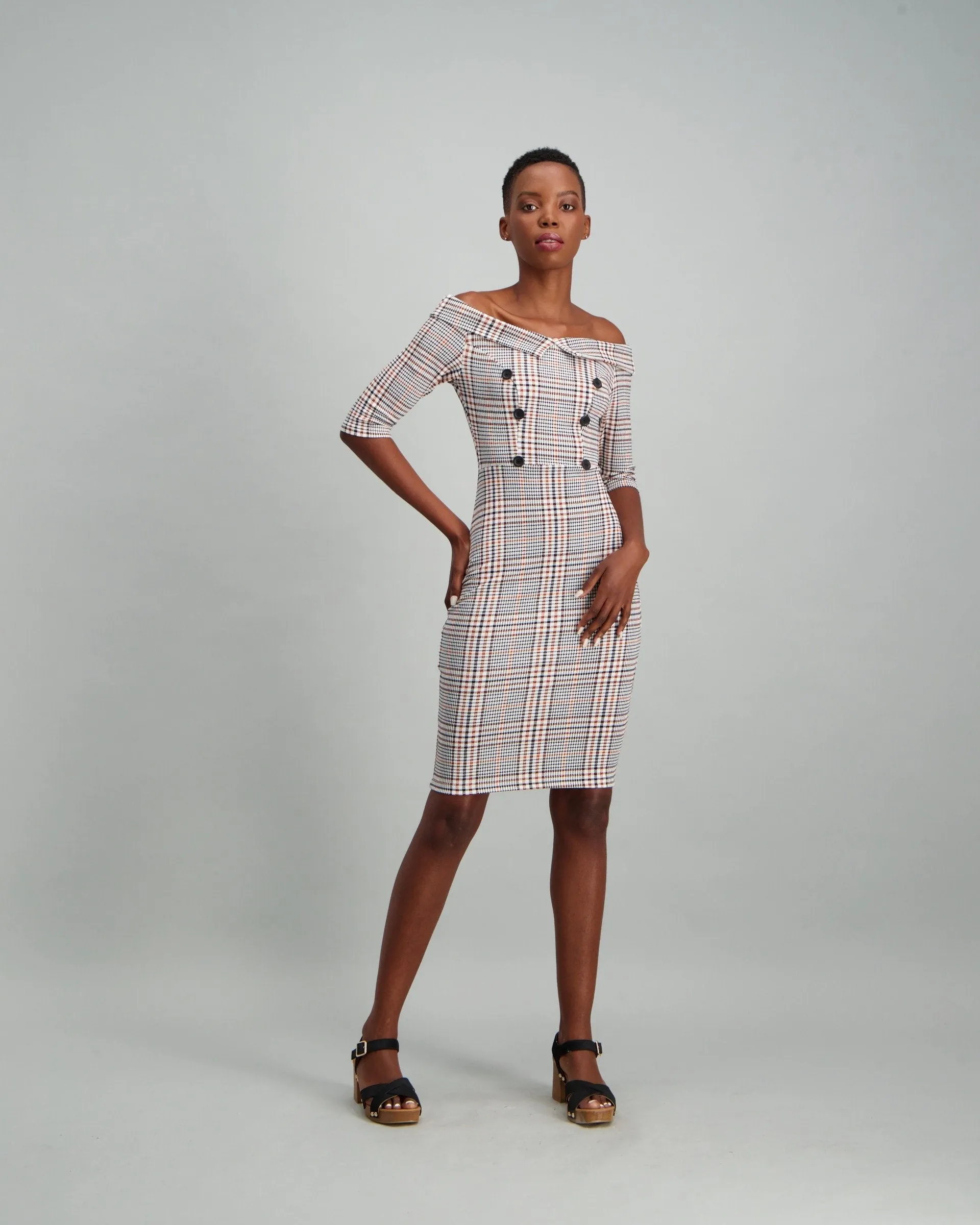 Ladies 3/4 Sleeve Button Detail Dress - Check