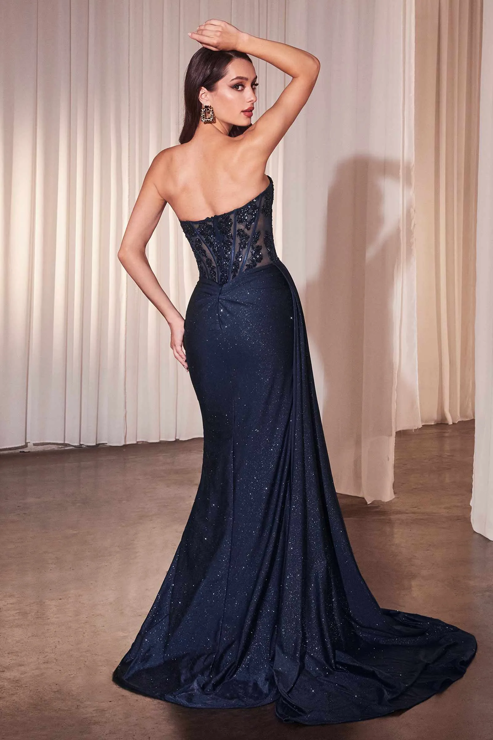 Ladivine J875 Fitted Strapless Sparkle and Lace Dress