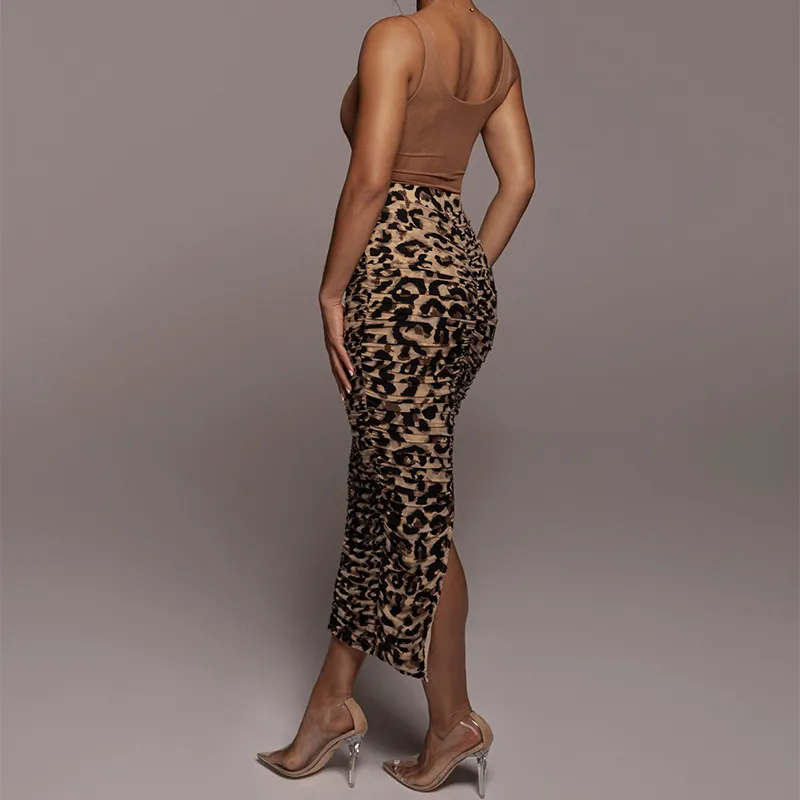 Leopard Print Ruched High Waist Skirt with Back Slit - Polyester/Spandex Blend