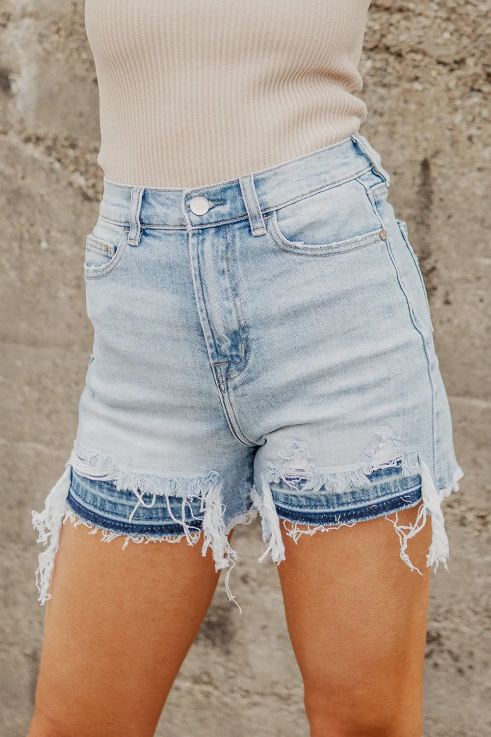 Light Blue Vintage Washed Raw Edge Jean Shorts