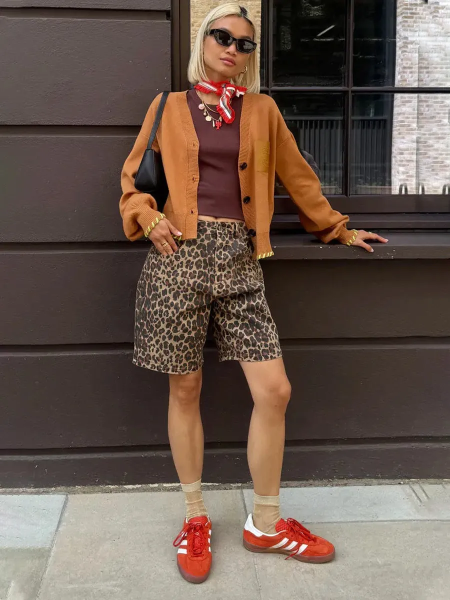 Low Waist Leopard Print Cotton Shorts | Retro Straight Fit Streetwear for Women