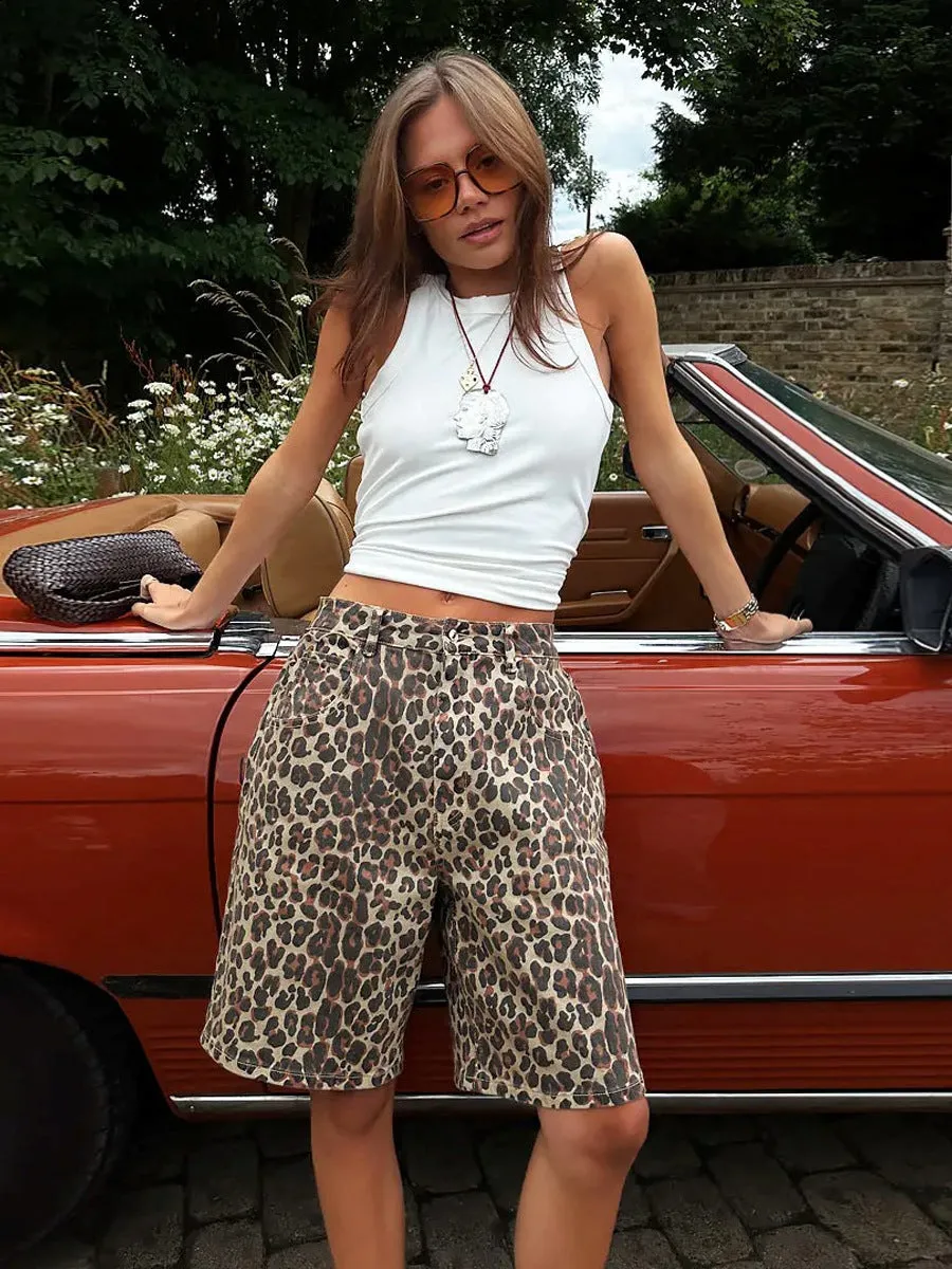 Low Waist Leopard Print Cotton Shorts | Retro Straight Fit Streetwear for Women