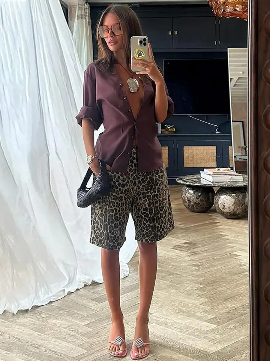 Low Waist Leopard Print Cotton Shorts | Retro Straight Fit Streetwear for Women
