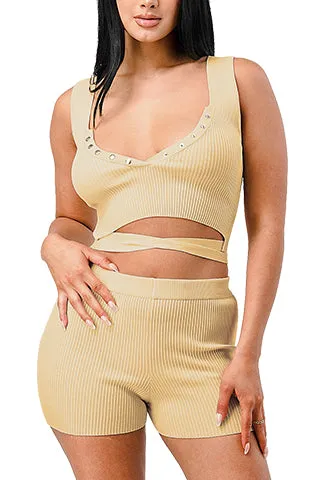 LUXURY KNIT WAIST TIED CROP TOP & SHORT SET(W3127SET) <Bundle>