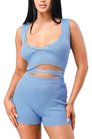 LUXURY KNIT WAIST TIED CROP TOP & SHORT SET(W3127SET) <Bundle>