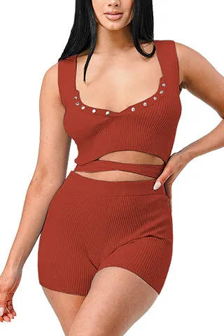 LUXURY KNIT WAIST TIED CROP TOP & SHORT SET(W3127SET) <Bundle>