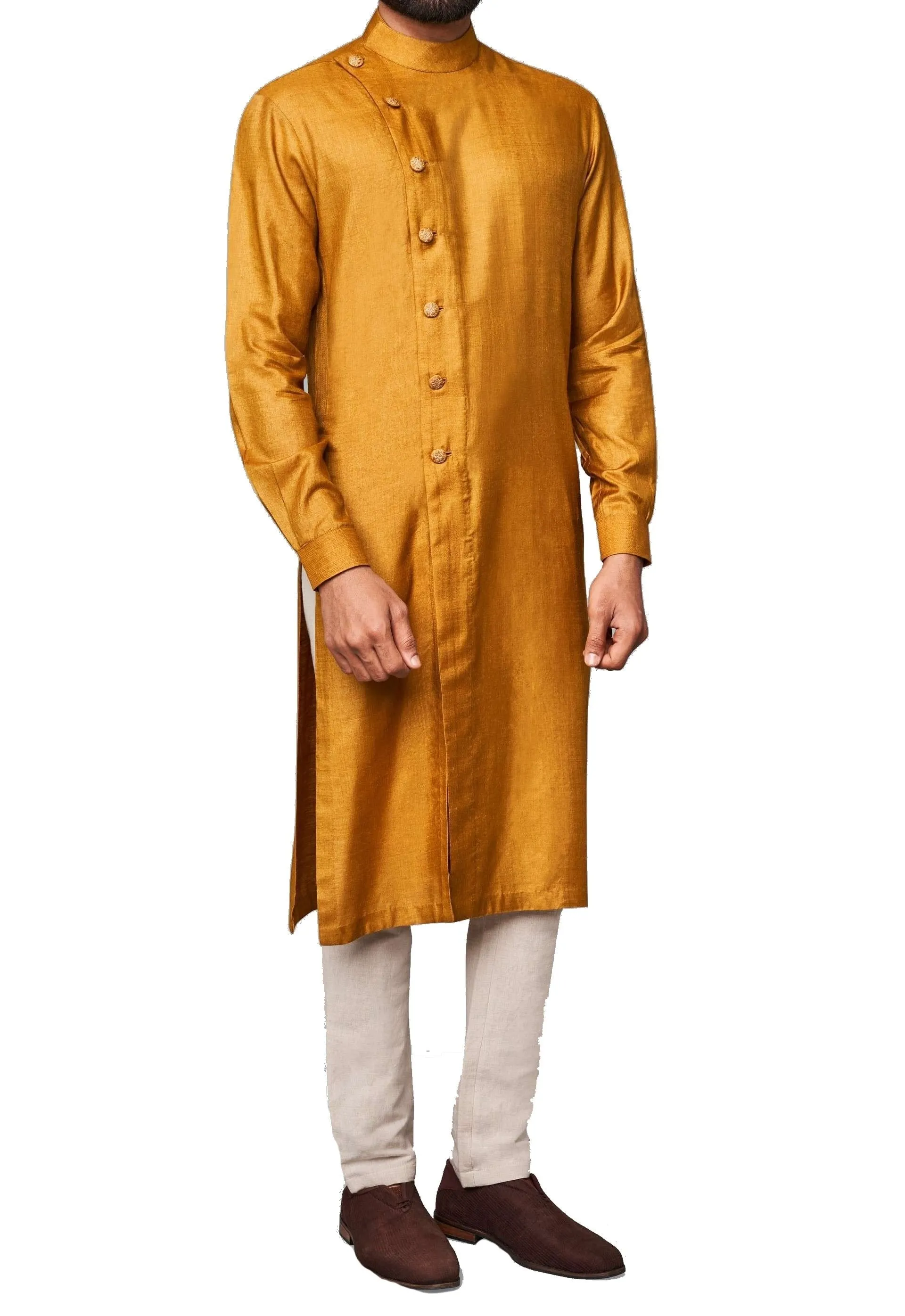 Mustard Color Silk Kurta Mandarin Collar With Churidar Pajami