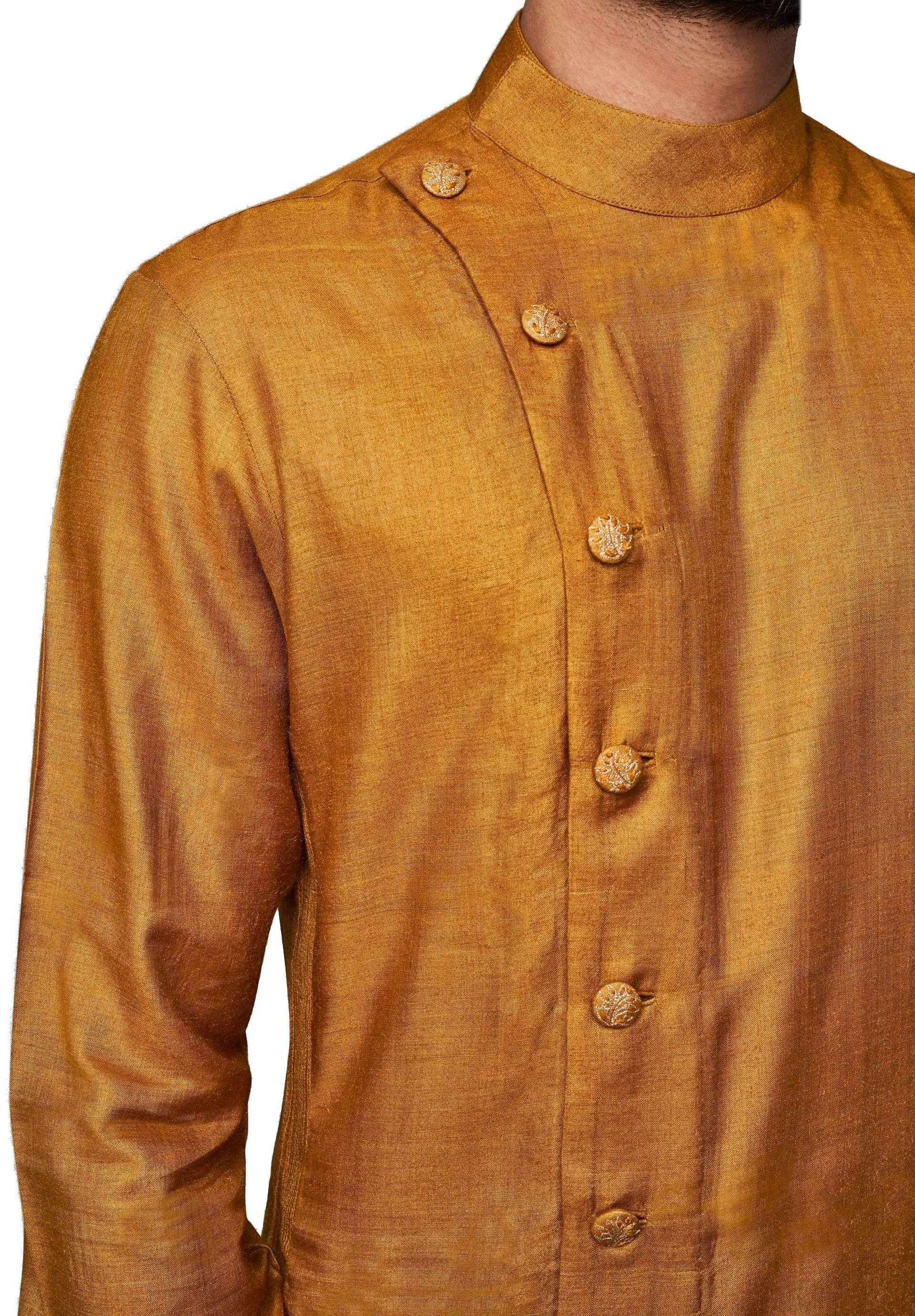 Mustard Color Silk Kurta Mandarin Collar With Churidar Pajami