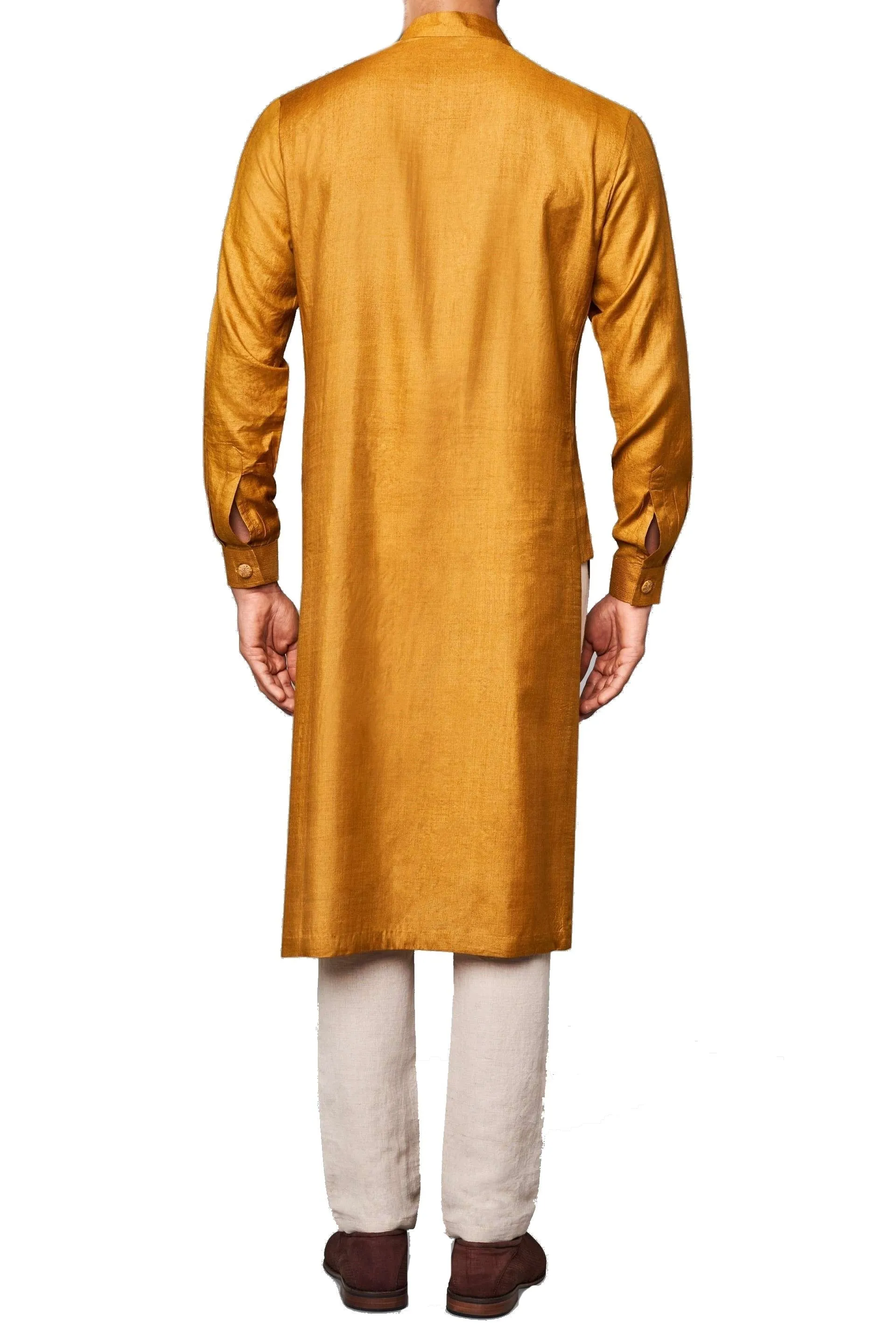 Mustard Color Silk Kurta Mandarin Collar With Churidar Pajami
