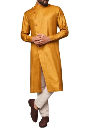 Mustard Color Silk Kurta Mandarin Collar With Churidar Pajami