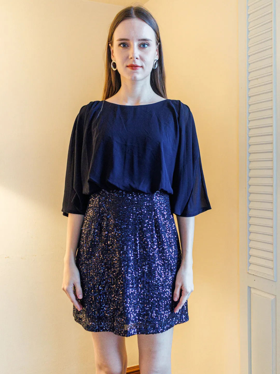 Navy Blue Sequinned Flared Mini Dress