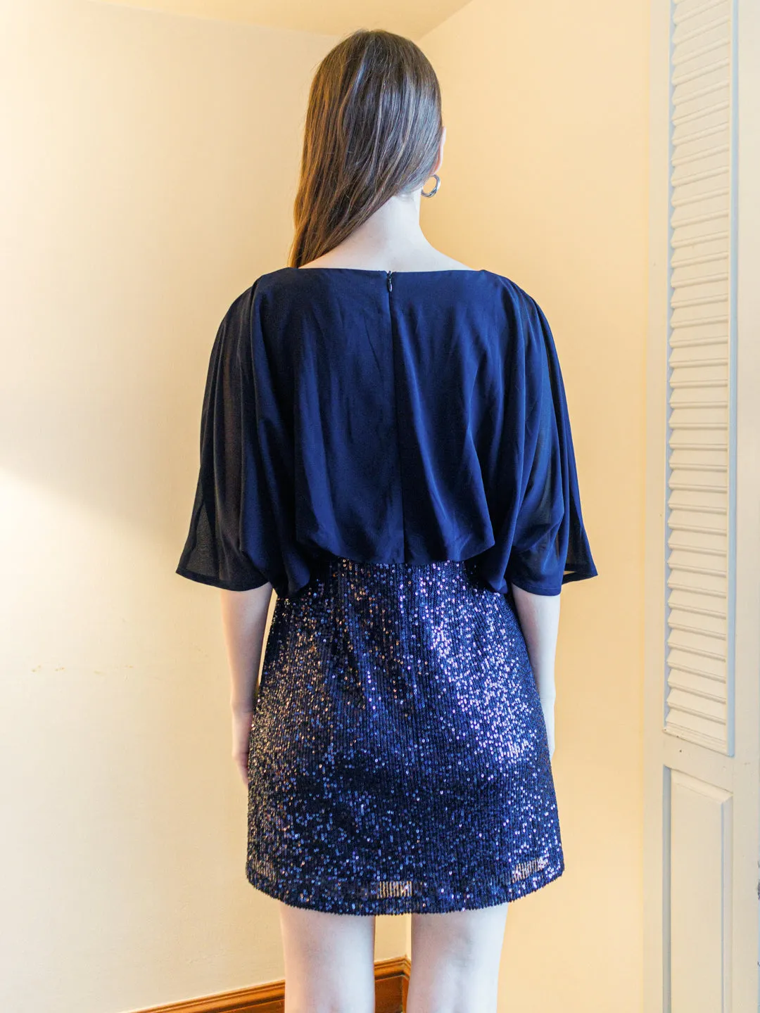 Navy Blue Sequinned Flared Mini Dress