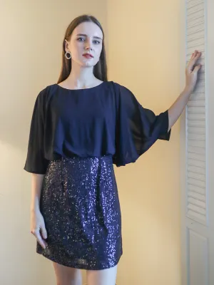 Navy Blue Sequinned Flared Mini Dress