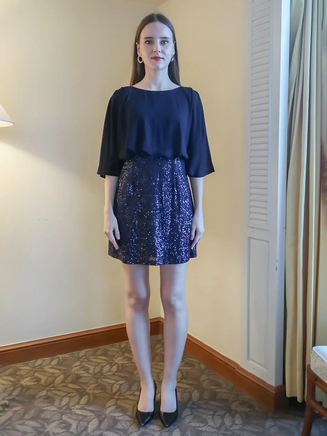 Navy Blue Sequinned Flared Mini Dress