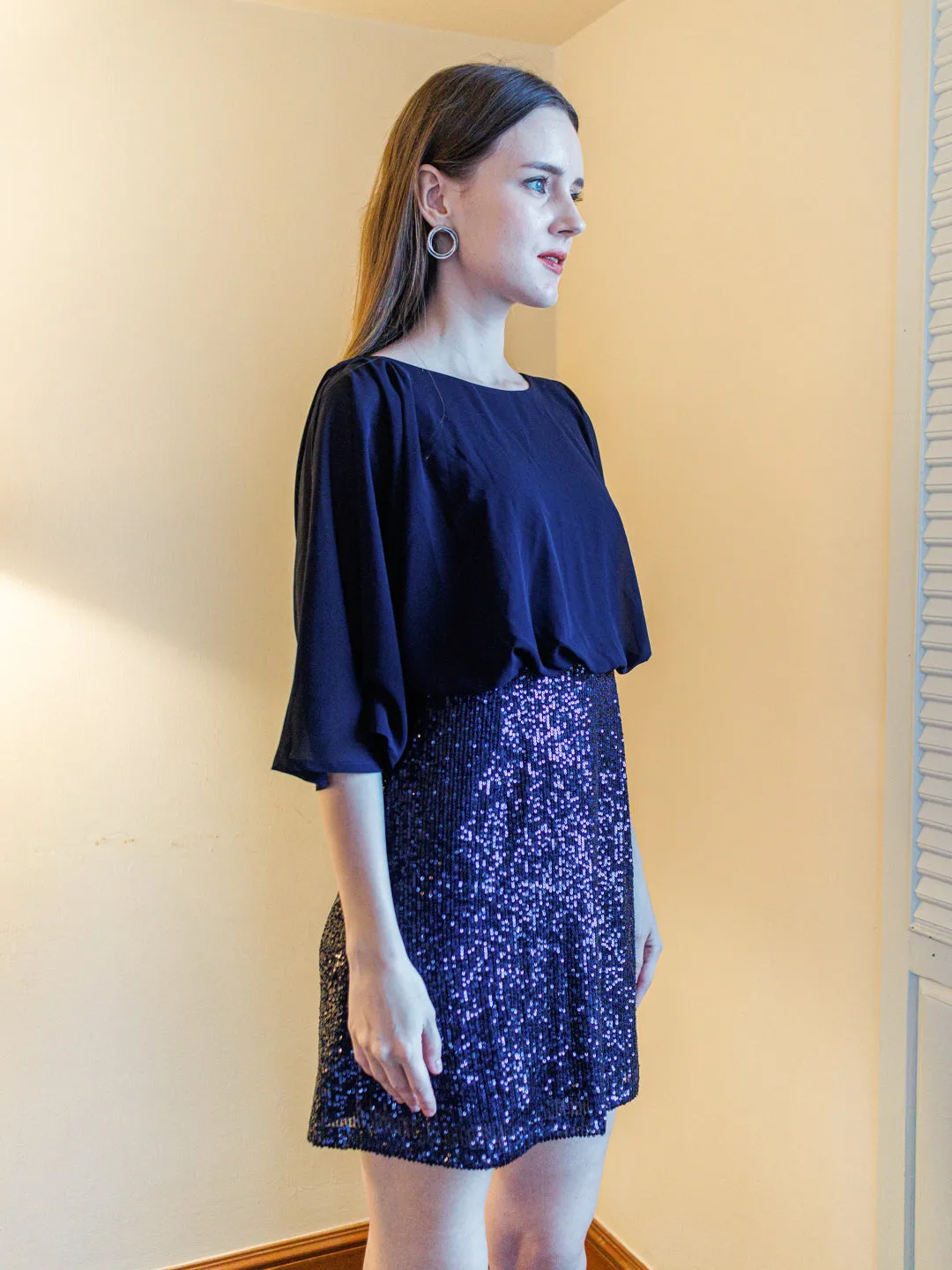 Navy Blue Sequinned Flared Mini Dress