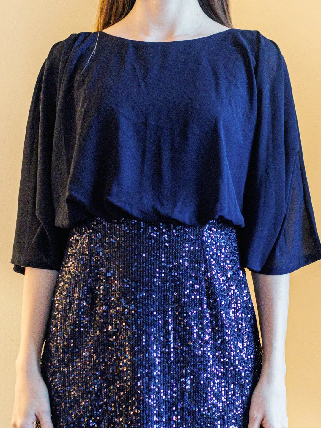 Navy Blue Sequinned Flared Mini Dress