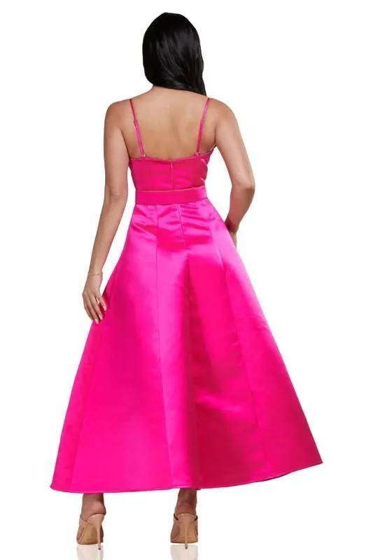 Neon Pink Satin Plunge Dress