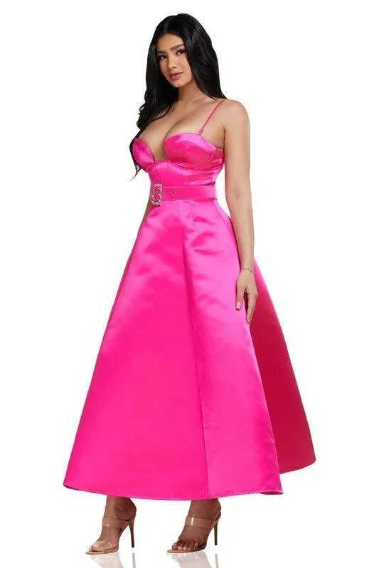 Neon Pink Satin Plunge Dress