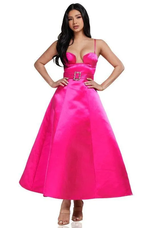 Neon Pink Satin Plunge Dress
