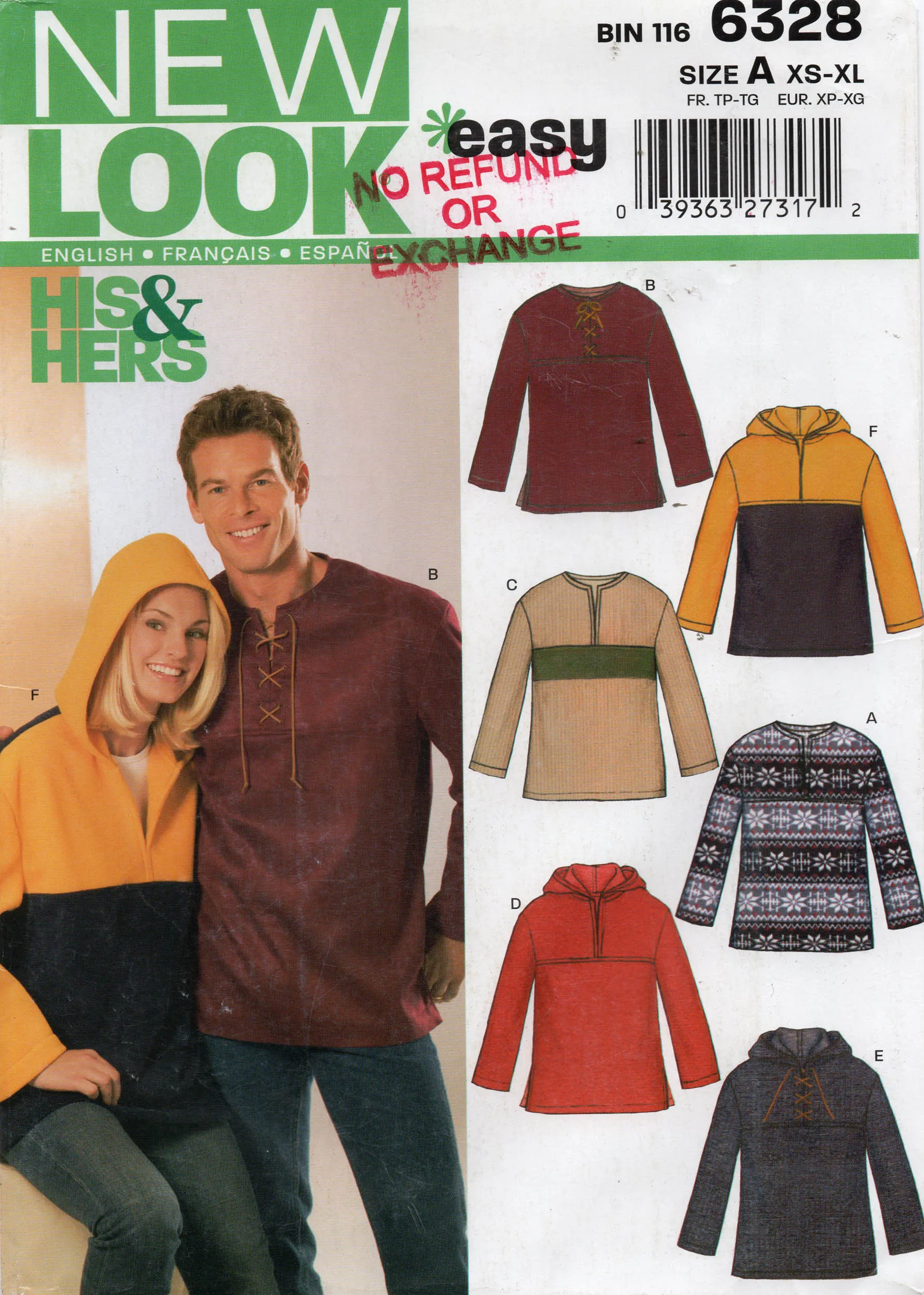 New Look 6328 UNISEX Mens Womens Pullover Sweatshirt or Hoodie Out Of Print  Sewing Pattern Sizes XS - XL UNCUT Factory Folded