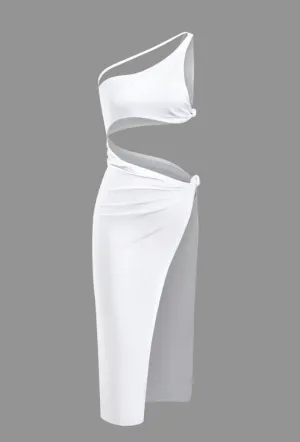 NEW Micas Knotted Slit One Shoulder Cut Out Midi Dress, White, Sz S