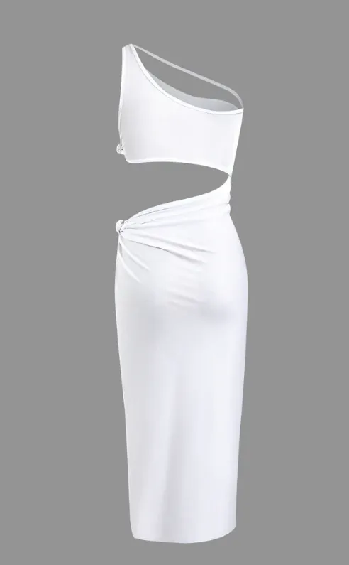 NEW Micas Knotted Slit One Shoulder Cut Out Midi Dress, White, Sz S