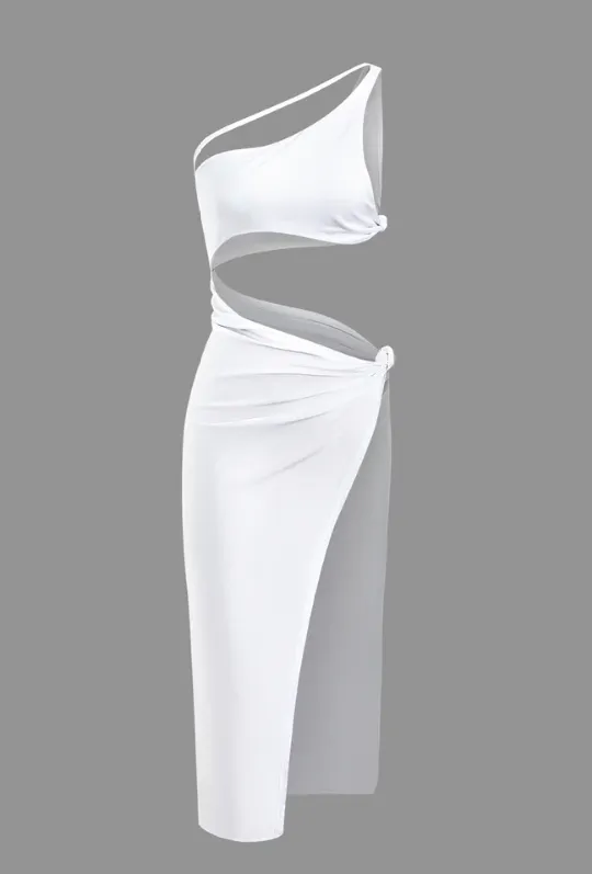 NEW Micas Knotted Slit One Shoulder Cut Out Midi Dress, White, Sz S