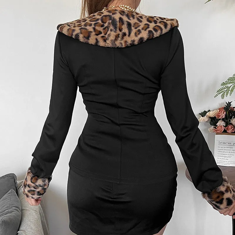 New Women's Clothing for Autumn and Winter! Retro Sexy Hot Girl Leopard Print Fur Collar Cardigan with Design Sense, Waist-Cinching and Slim-Fitting Jacket. C-241023-3