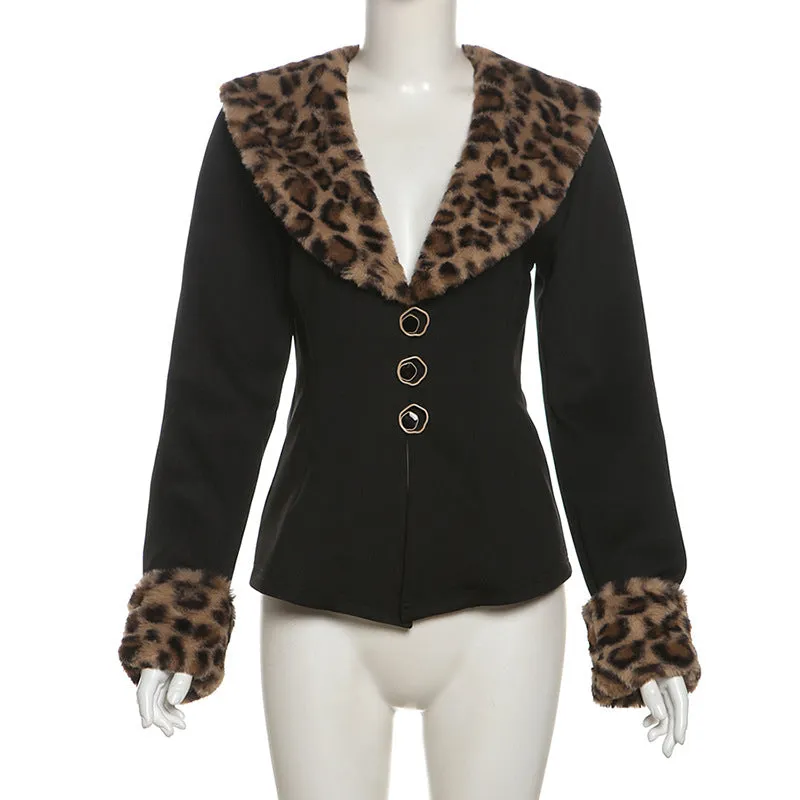 New Women's Clothing for Autumn and Winter! Retro Sexy Hot Girl Leopard Print Fur Collar Cardigan with Design Sense, Waist-Cinching and Slim-Fitting Jacket. C-241023-3