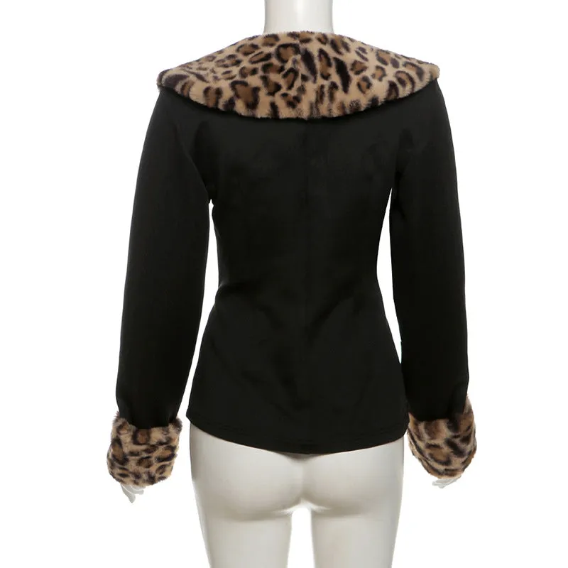 New Women's Clothing for Autumn and Winter! Retro Sexy Hot Girl Leopard Print Fur Collar Cardigan with Design Sense, Waist-Cinching and Slim-Fitting Jacket. C-241023-3