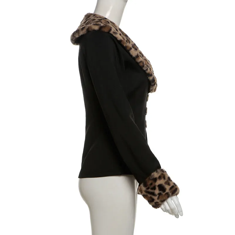 New Women's Clothing for Autumn and Winter! Retro Sexy Hot Girl Leopard Print Fur Collar Cardigan with Design Sense, Waist-Cinching and Slim-Fitting Jacket. C-241023-3